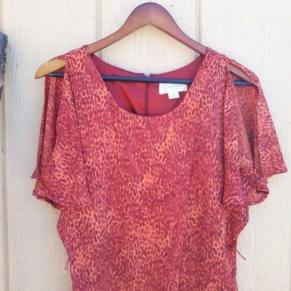 Jessica Simpson Retro 80's Paint Splatter Batwing Cold Shoulder Dress Coral - Picture 5 of 8